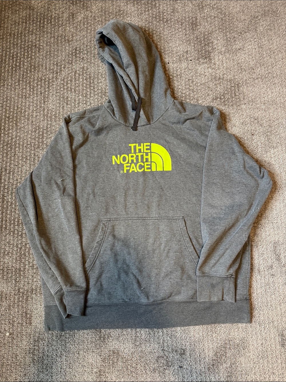 The North Face Men's Gray Crewneck Sweatshirt with Neon Yellow Logo